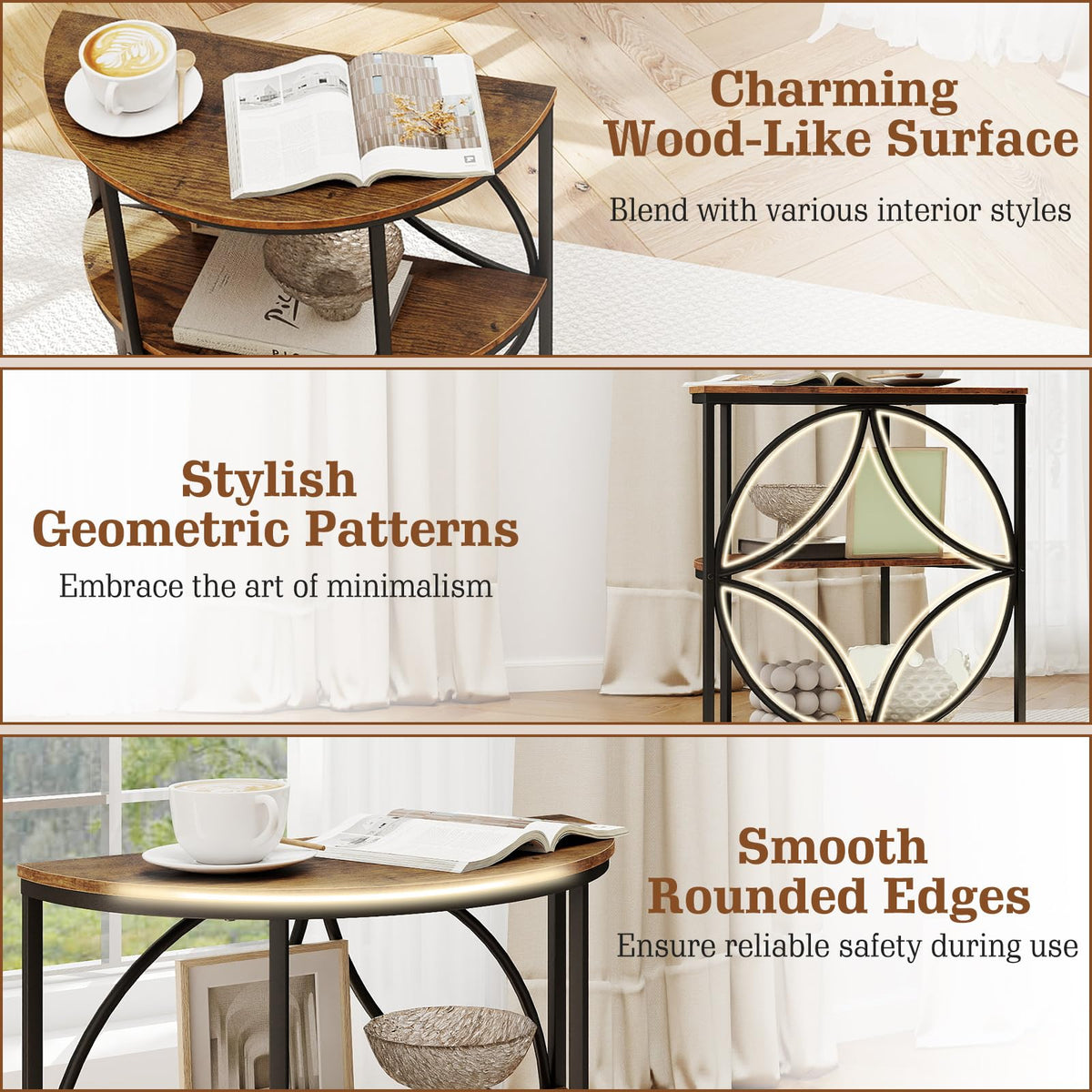Half Round 3-Tier Sofa Side Table with Storage Shelves S2625
