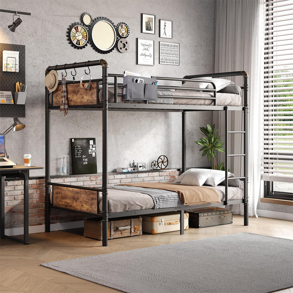 Twin Over Twin Metal Bunk Bed with Ladder and Guardrail R8197