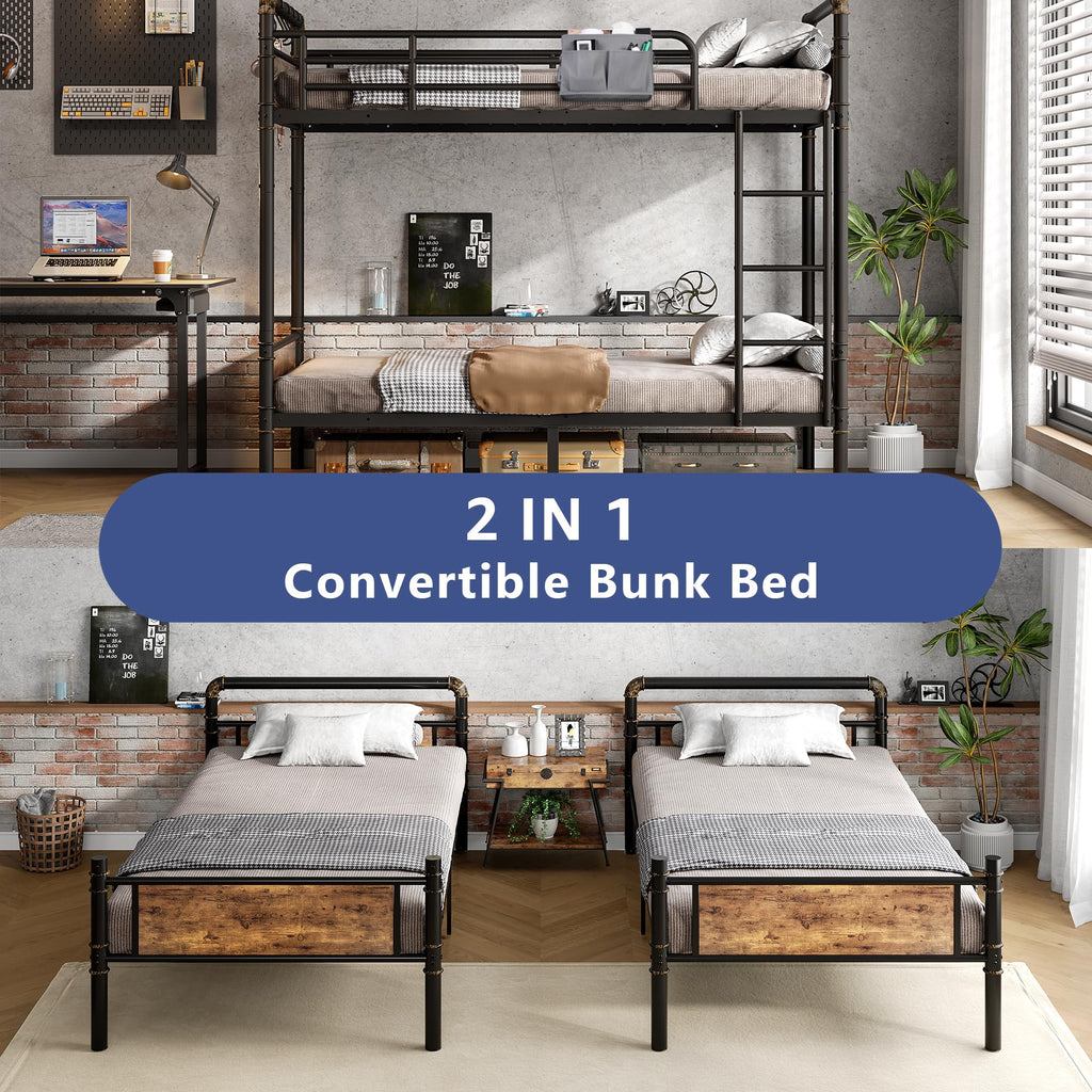 Twin Over Twin Metal Bunk Bed with Ladder and Guardrail R8197