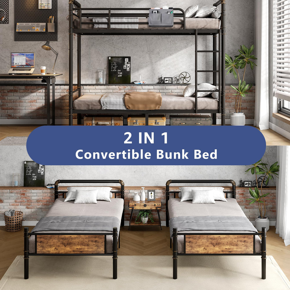 Twin Over Twin Metal Bunk Bed with Ladder and Guardrail R8197